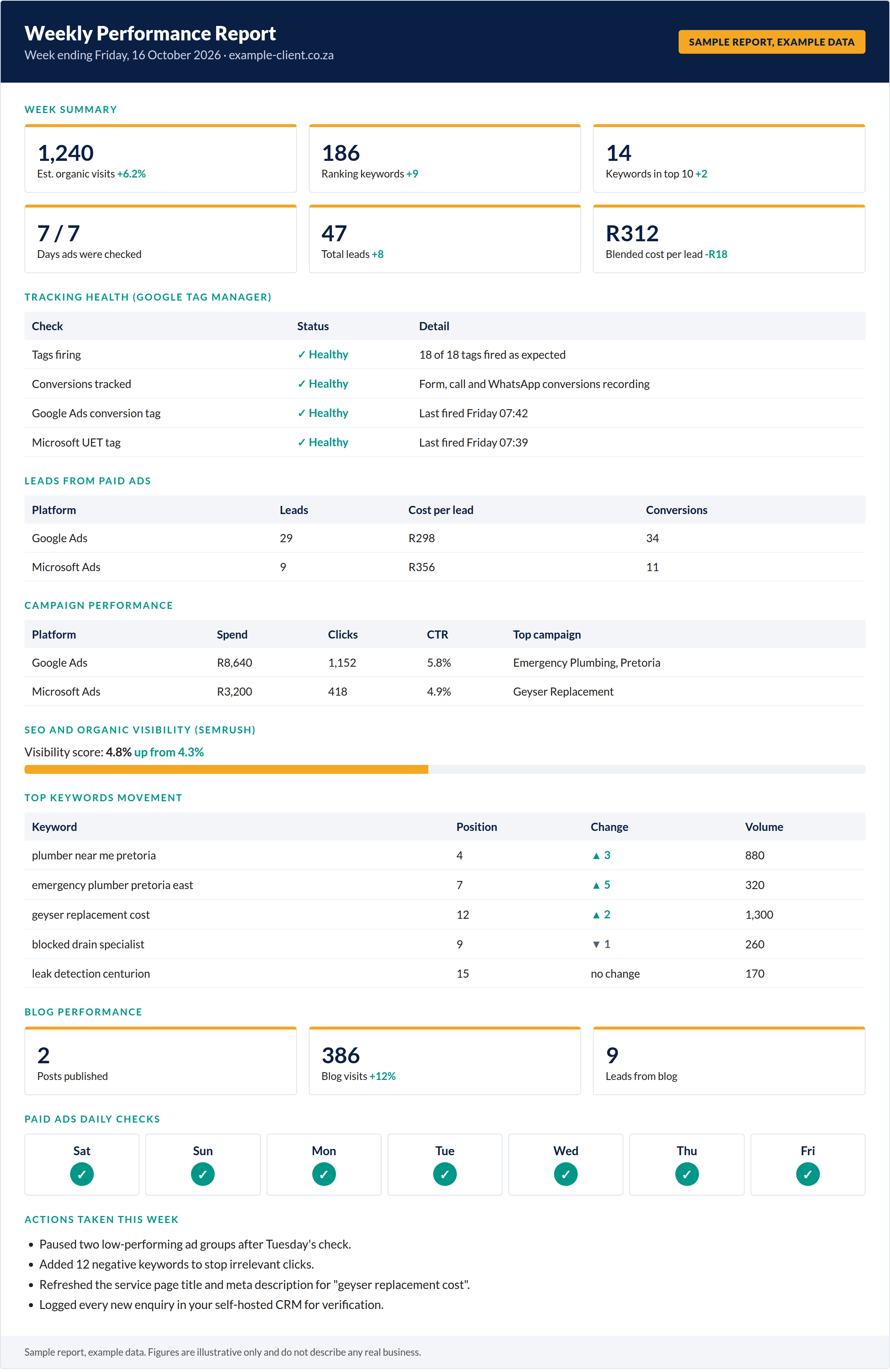 Sample AutoHive weekly performance report with example data